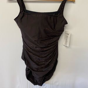 NWT MIRACLESUIT One Piece swimsuit size 12 brown ruched beaded tank straps